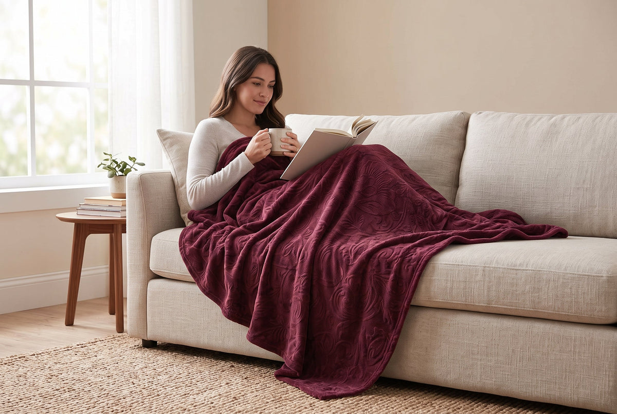 Embossed Flannel Throw Blanket, 48 x 60 in, Baroque, Port Red