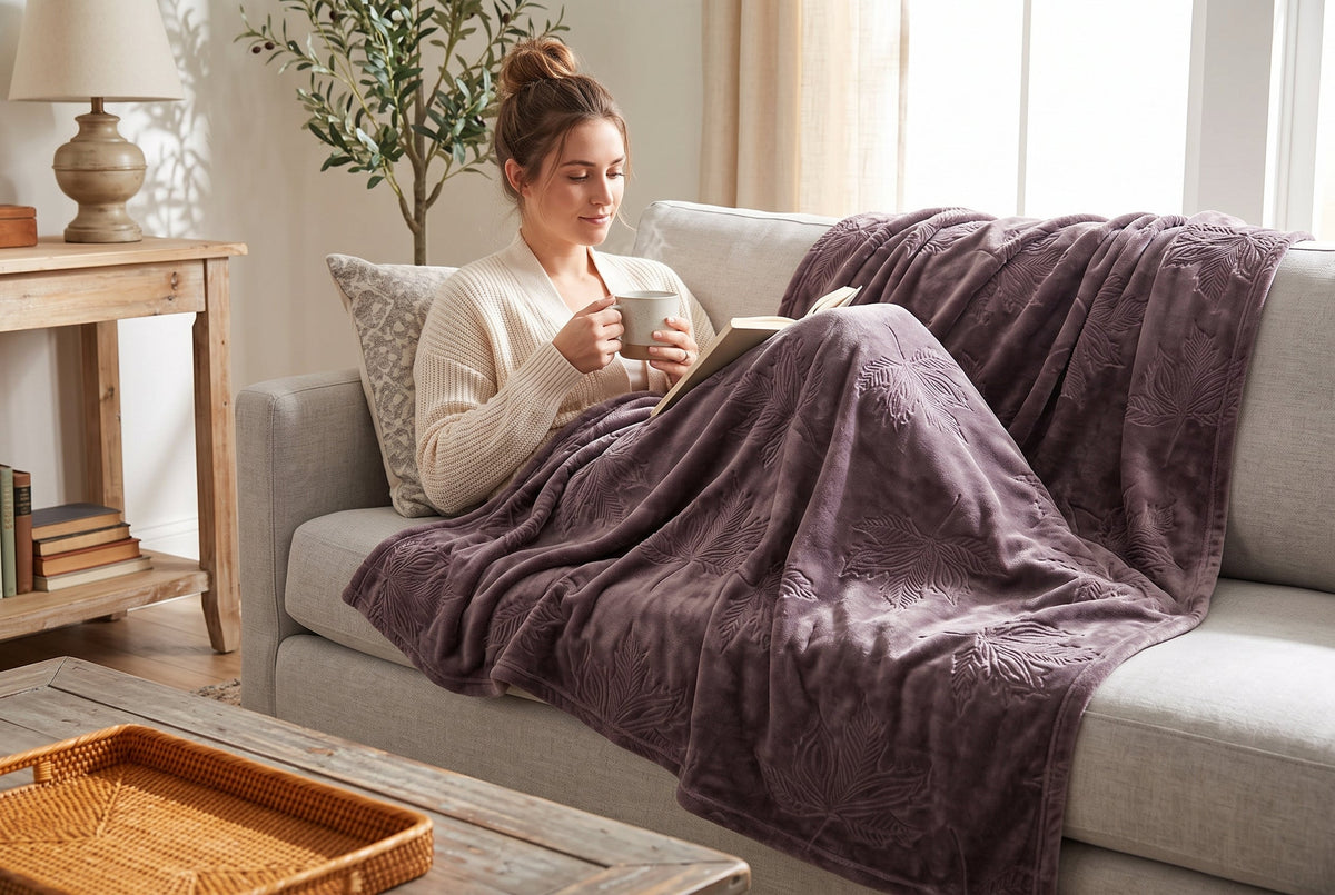 Embossed Flannel Throw Blanket, 48 x 60 in, Maple Leaf, Deep Mauve