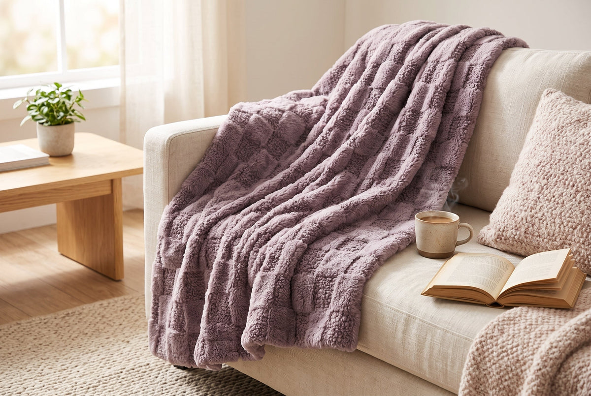 Faux Fur Throw Blanket, 48 x 60 in, Teddy with Sherpa Reverse, Mauve