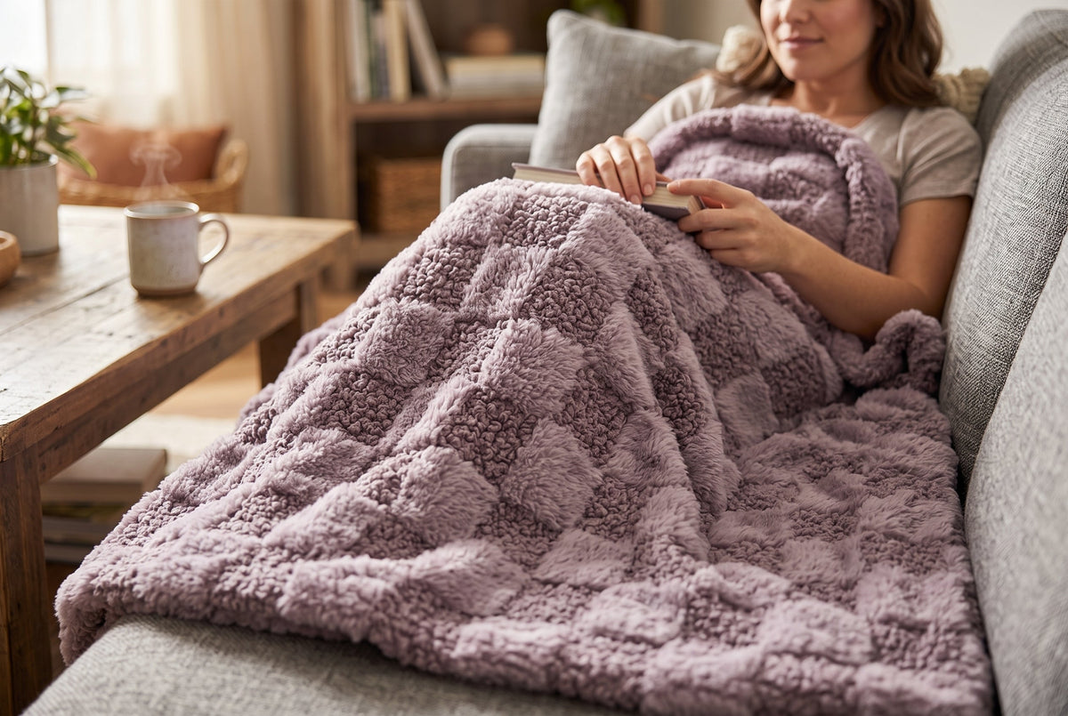 Faux Fur Throw Blanket, 48 x 60 in, Teddy with Sherpa Reverse, Mauve