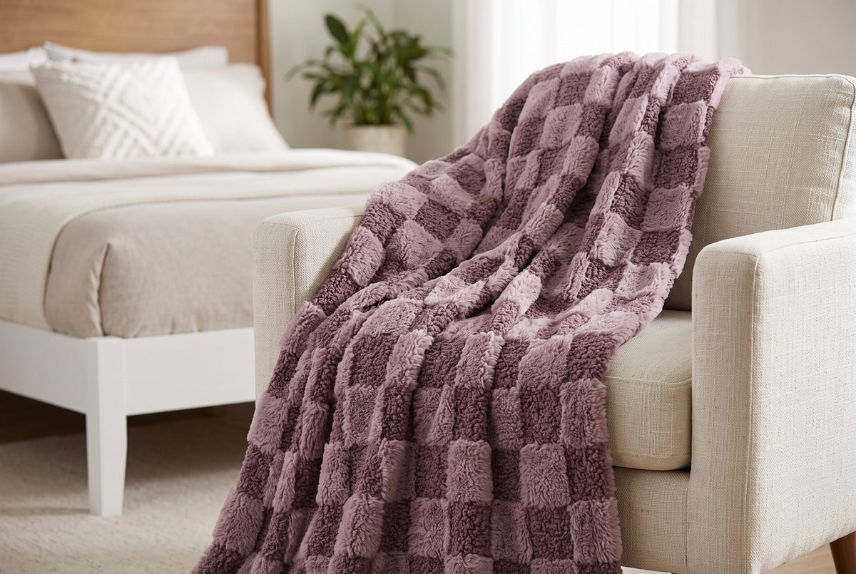 Faux Fur Throw Blanket, 48 x 60 in, Teddy with Sherpa Reverse, Mauve