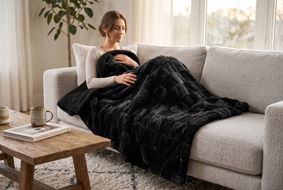 Faux Fur Throw Blanket, 48 x 60 in, Teddy with Sherpa Reverse, Black