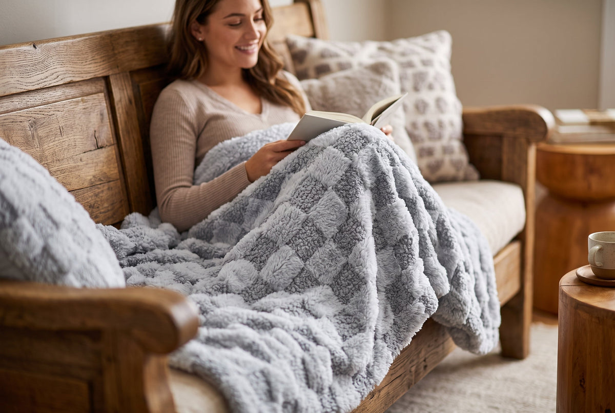 Faux Fur Throw Blanket, 48 x 60 in, Teddy with Sherpa Reverse, Grey