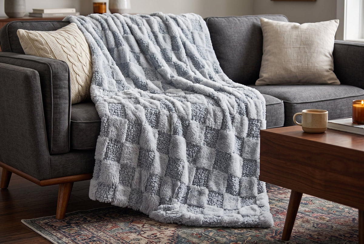 Faux Fur Throw Blanket, 48 x 60 in, Teddy with Sherpa Reverse, Grey