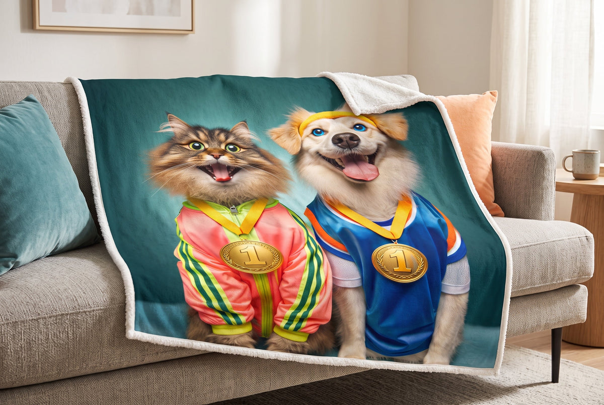 Sherpa Throw Blanket, 48 x 60 in, Cat and Dog Champions Print