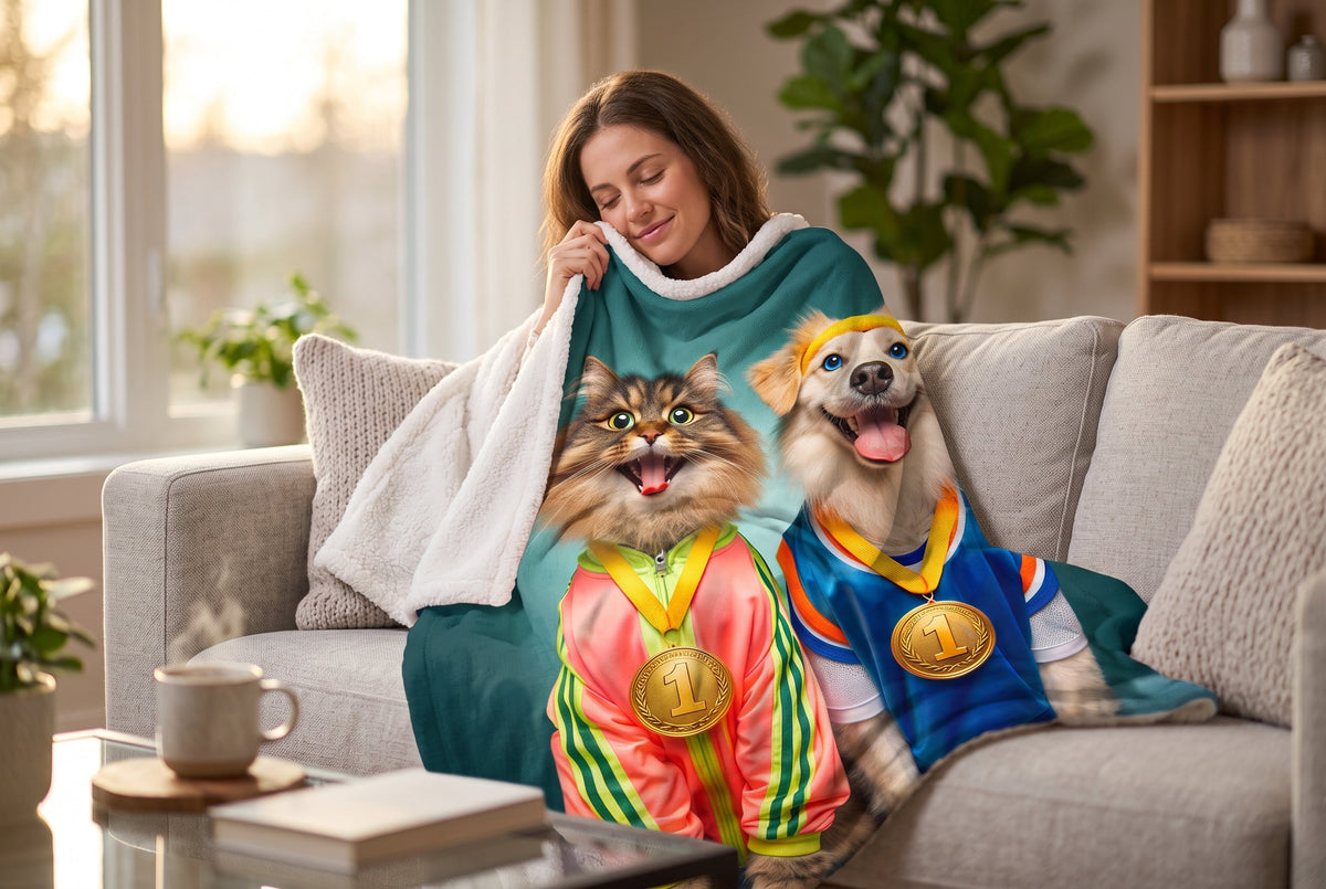 Sherpa Throw Blanket, 48 x 60 in, Cat and Dog Champions Print