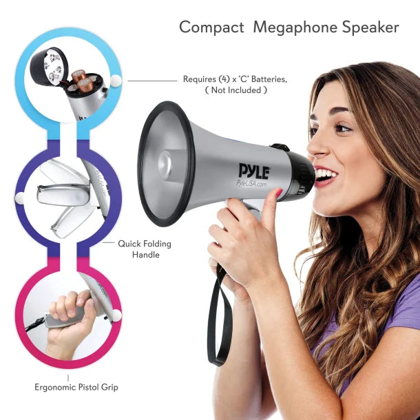 Pyle® Battery-Operated Compact and Portable Megaphone Speaker with Siren Alarm Mode (Silver)