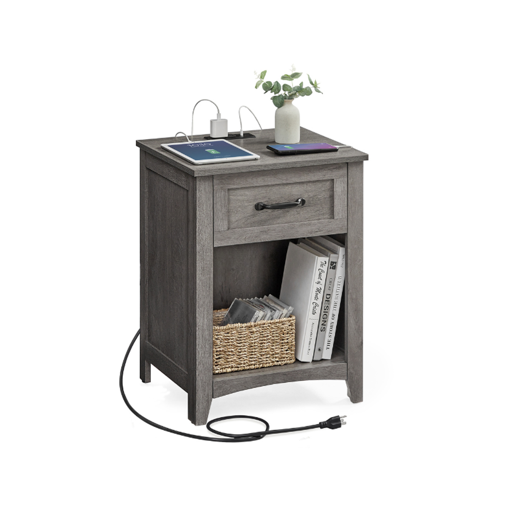 VASAGLE Farmhouse Nightstand with Charging Station, End Table with Drawer and Open Storage, Rustic White & Honey Brown