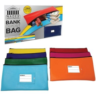 Nadex Coins™ Vinyl 7-Day Pack of Zippered Bank Deposit Cash and Coin Bags with Card Window (Neon Colors)