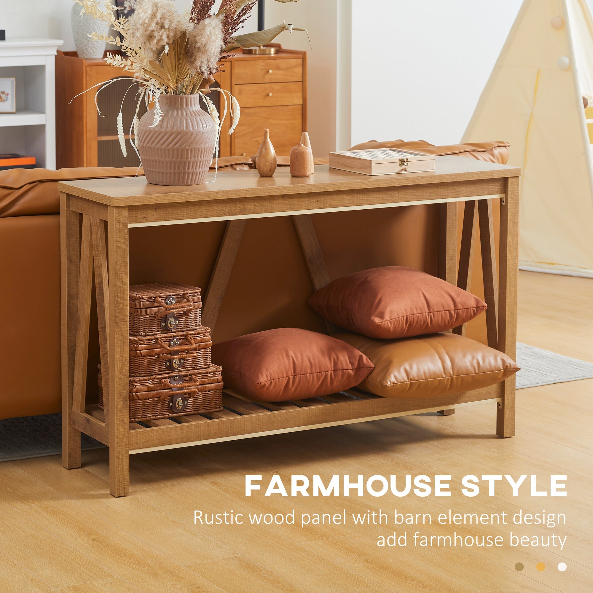 HOMCOM Rustic Console Table: Farmhouse Sofa Table with Storage Shelf & Anti-Tipping Design, Living Room/Bedroom/Entryway, Brown 