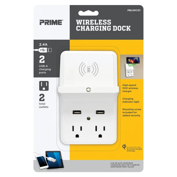 PRIME® Wireless-Charging-Dock Wall Tap with 2 Outlets and Dual USB Charger