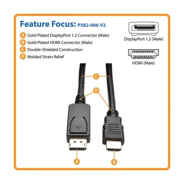 Tripp Lite® by Eaton® 4K at 30 Hz DisplayPort™ 1.2 Male with Latch to HDMI® Male Adapter Cable, 6 Ft., Black, P582-006-V2