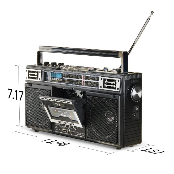 QFX® Bluetooth® Cassette USB/SD™ Card/AM/FM/SW1-2 Radio Boom Box with USB Recording and Built-in Microphone, Black, J-230BT