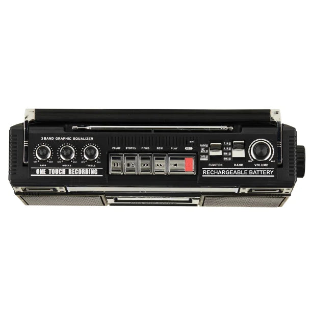 QFX® Bluetooth® Cassette USB/SD™ Card/AM/FM/SW1-2 Radio Boom Box with USB Recording and Built-in Microphone, Black, J-230BT