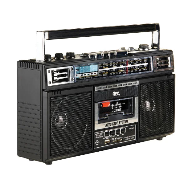 QFX® Bluetooth® Cassette USB/SD™ Card/AM/FM/SW1-2 Radio Boom Box with USB Recording and Built-in Microphone, Black, J-230BT