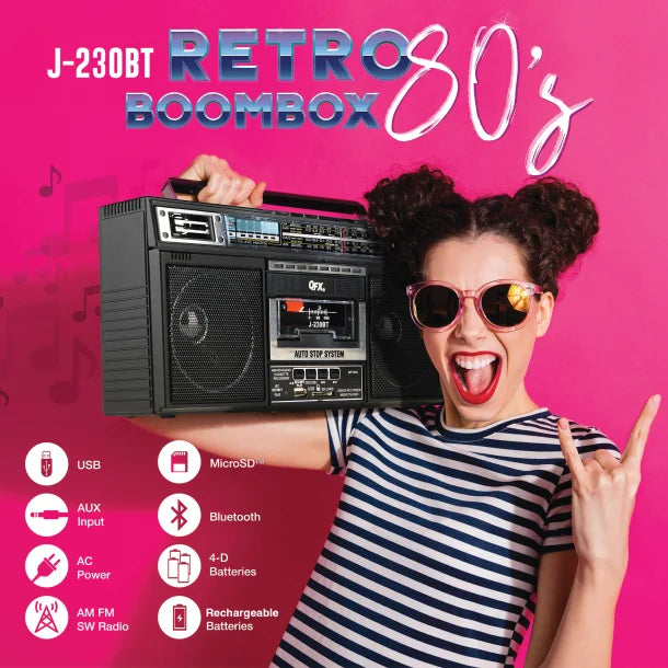 QFX® Bluetooth® Cassette USB/SD™ Card/AM/FM/SW1-2 Radio Boom Box with USB Recording and Built-in Microphone, Black, J-230BT