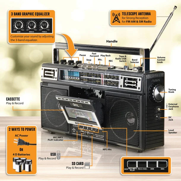 QFX® Bluetooth® Cassette USB/SD™ Card/AM/FM/SW1-2 Radio Boom Box with USB Recording and Built-in Microphone, Black, J-230BT
