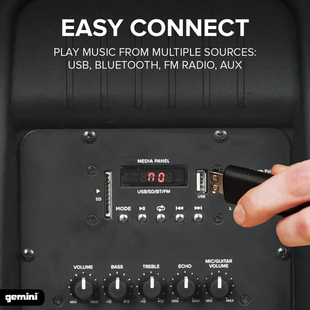 Gemini® AS-15TOGO Portable Bluetooth® PA Speaker with Integrated Mixer and Wired Microphone, Black