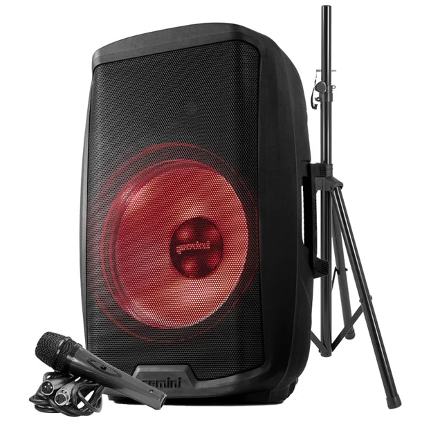 Gemini® AS Series Bluetooth® Multi-LED Portable PA Speaker Kit with Stand and Wired Microphone, Black, AS-2115BT-LT-PK