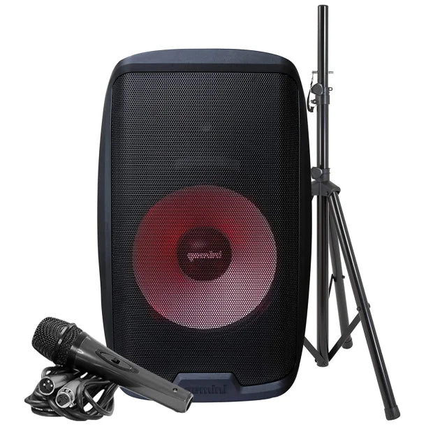 Gemini® AS Series Bluetooth® Multi-LED Portable PA Speaker Kit with Stand and Wired Microphone, Black, AS-2115BT-LT-PK