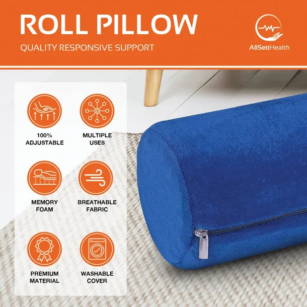 AllSett Health® Cervical Cylinder Bolster Ergonomic Memory Foam Pillow with Removable Washable Cover (Blue)