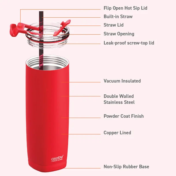 ASOBU® 20-Oz. Aqualina Double-Wall-Insulated Stainless Steel Tumbler with Straw (Red)