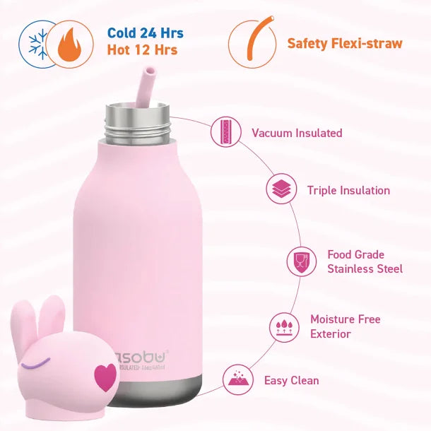 ASOBU® 16-Oz. Bestie Bottle Insulated Stainless Steel Water Bottle with Reusable Flexi Straw (Bunny)