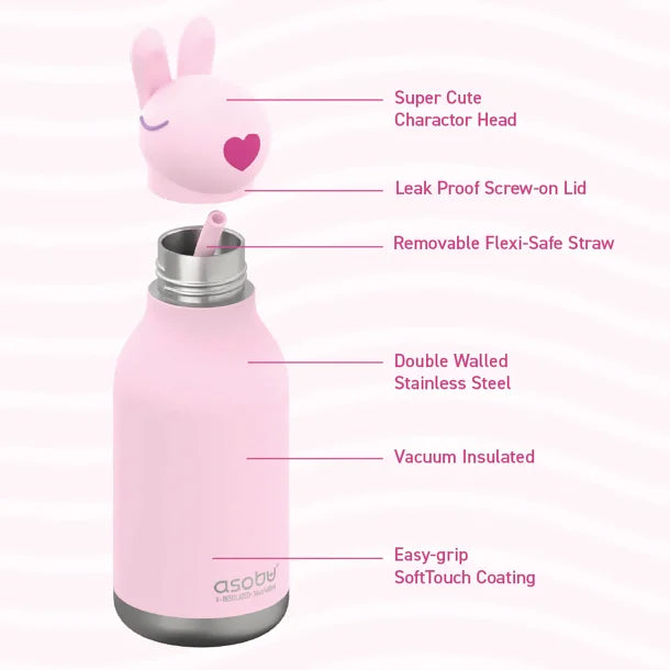 ASOBU® 16-Oz. Bestie Bottle Insulated Stainless Steel Water Bottle with Reusable Flexi Straw (Bunny)