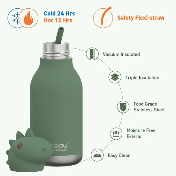 ASOBU® 16-Oz. Bestie Bottle Insulated Stainless Steel Water Bottle with Reusable Flexi Straw (Dinosaur)