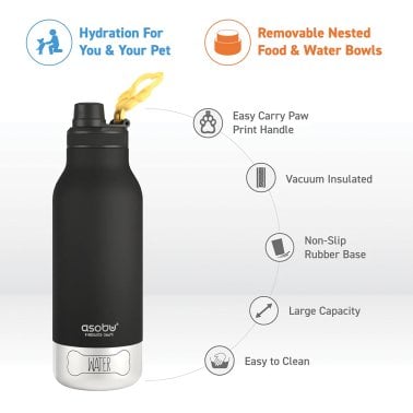 ASOBU® Buddy 32-Oz. 3-in-1 Water Bottle with Removable Dog Bowl and Food Compartment (Black)