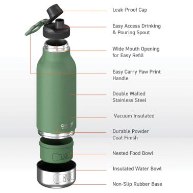 ASOBU® Buddy 32-Oz. 3-in-1 Water Bottle with Removable Dog Bowl and Food Compartment (Basil Green)