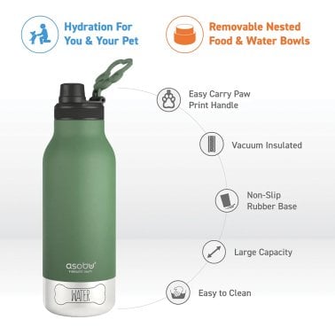 ASOBU® Buddy 32-Oz. 3-in-1 Water Bottle with Removable Dog Bowl and Food Compartment (Basil Green)