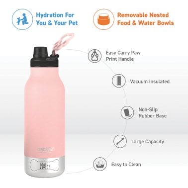 ASOBU® Buddy 32-Oz. 3-in-1 Water Bottle with Removable Dog Bowl and Food Compartment (Pink)