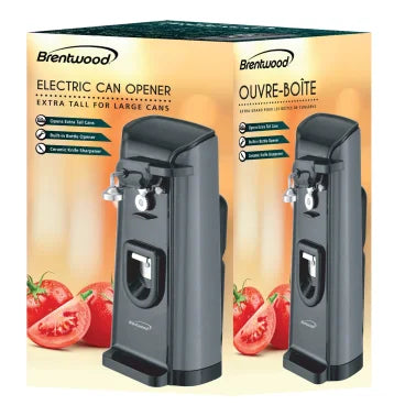 Brentwood® Tall Electric Can Opener with Knife Sharpener & Bottle Opener (Black)