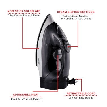 Brentwood® 1,200-Watt Nonstick Steam Iron with Retractable Cord (Black)