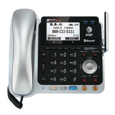 AT&T® DECT 6.0 2-Line 2-Handset Connect to Cell™ Corded Cordless Bluetooth® Phone System with Digital Answering System and Caller ID, Silver and Black