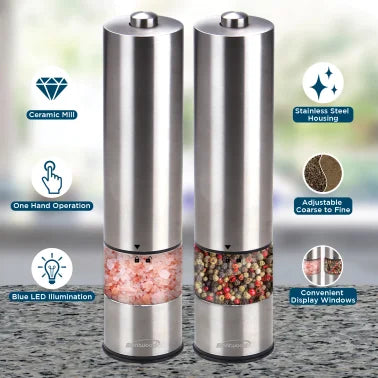 Brentwood® Electric Blue LED Stainless Steel Salt and Pepper Adjustable Ceramic Grinders