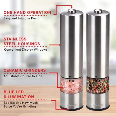 Brentwood® Electric Blue LED Stainless Steel Salt and Pepper Adjustable Ceramic Grinders