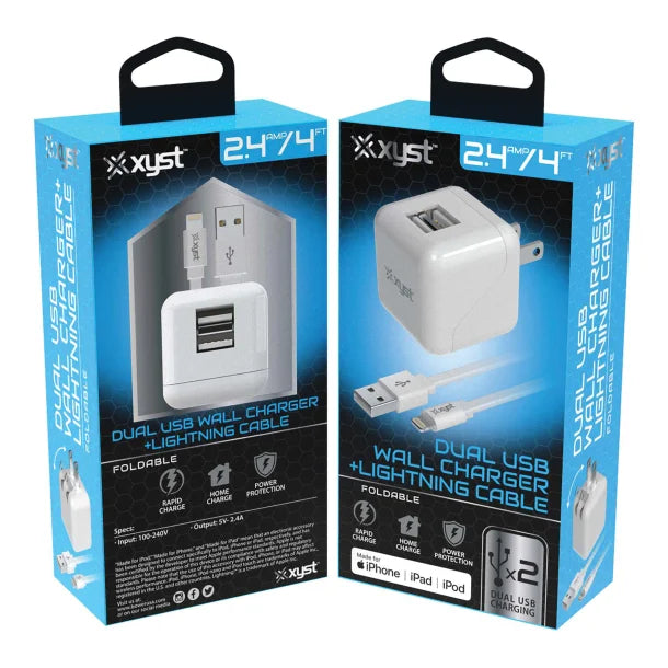 XYST™ 2.4-Amp Dual USB Wall Charger With 4-Ft. Apple® Lightning® Cable