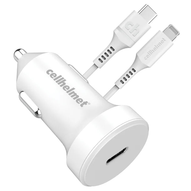 cellhelmet® 20-Watt Single-USB Power Delivery Car Charger with USB-C® to Lightning® Round Cable, 3 Feet