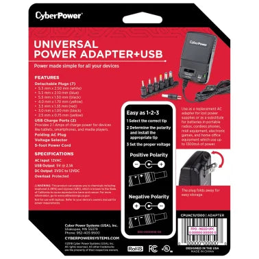 CyberPower® 1,300mA Universal AC Power Adapter with USB Input