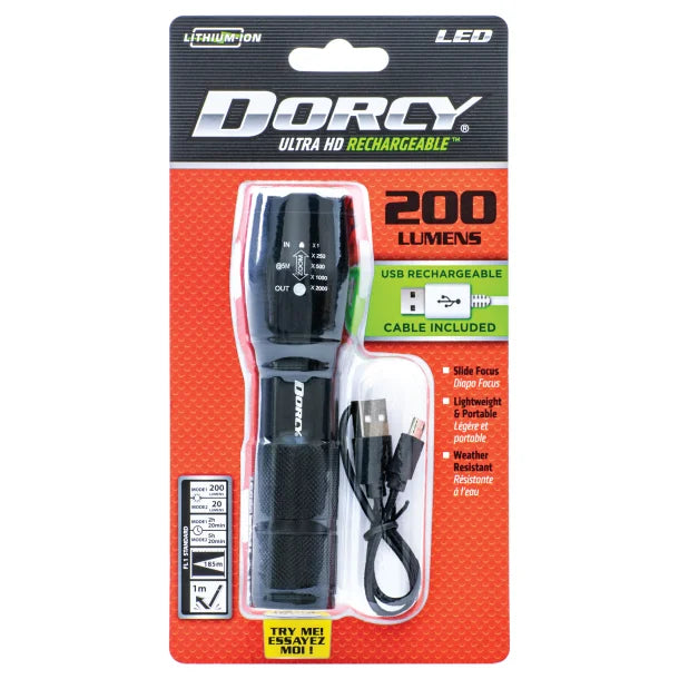 Dorcy® 200-Lumen Ultra HD Aluminum LED Rechargeable Flashlight with Power Bank