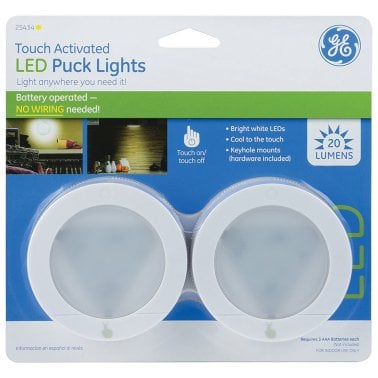 GE® Battery-Operated Touch-Activated LED Puck Lights, 2 Count, White, 25434