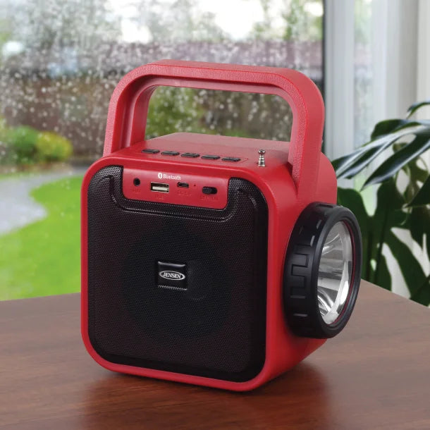 JENSEN® Portable Rechargeable Bluetooth® Speaker with FM Radio, Flashlight, Solar Panel, and USB Port, Red, JEP-175