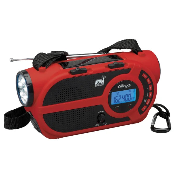 JENSEN® Portable Digital AM/FM Weather Radio with Weather Alert, Flashlight, and 4-Way Charging, Red, JEP-650