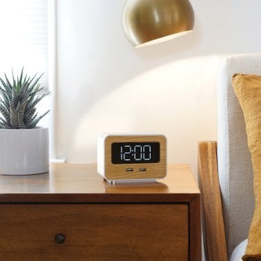 Lumoday™ Dual USB Alarm Clock (White/Wood)