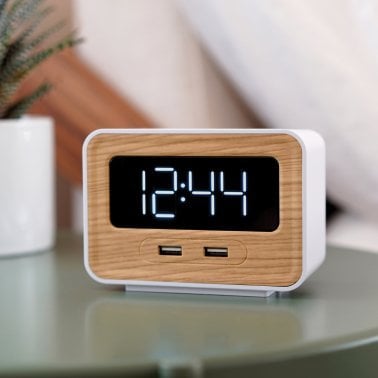 Lumoday™ Dual USB Alarm Clock (White/Wood)