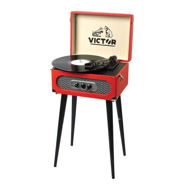 Victor® Andover Dual-Bluetooth® Belt-Drive 5-in-1 Suitcase-Style Record Player with Legs, VWRP-3200 (Red)