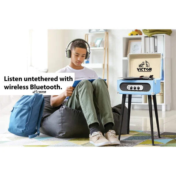 Victor® Andover Dual-Bluetooth® Belt-Drive 5-in-1 Suitcase-Style Record Player with Legs, VWRP-3200 (Turquoise)