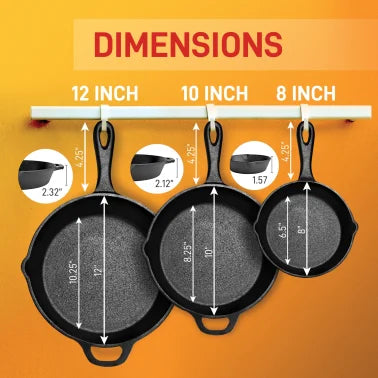 NutriChef 3-Piece Pre-Seasoned Cast Iron Skillet Pans